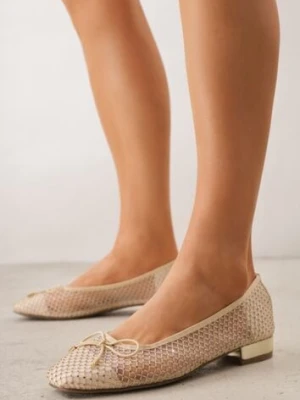 Beżowe Balerinki ze Skórzaną Wkładką Siateczkową Cholewką Kokardą i Cyrkoniami Dorixa goodin