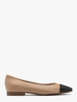 Beżowe baleriny damskie z czarnym noskiem Ryłko
