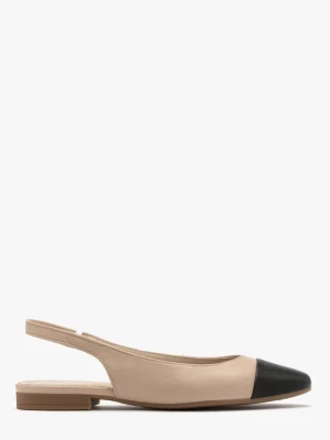 Beżowe baleriny typu slingback z czarnym noskiem Ryłko