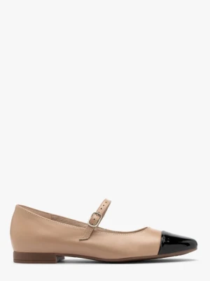 Beżowe baleriny z kontrastowym czarnym noskiem Ryłko