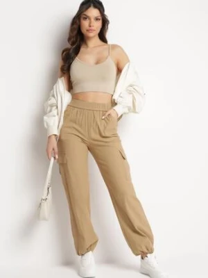 Beżowe Bawełniane Bojówki z Naszytymi Kieszeniami i Ściągaczami Spodnie Rinea