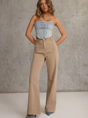 Beżowe Bawełniane Jeansy High Waist Wide Leg z Pionowymi Przeszyciami Ethemithea