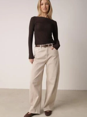 Beżowe Bawełniane Jeansy o Kroju Balloon z Wysokim Stanem i Przeszyciami Katameia