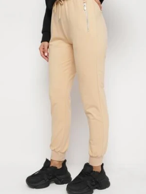 Beżowe Bawełniane Spodnie Dresowe z Wysokim Stanem Wykończone Suwakami i Wstążką Dedela h&s