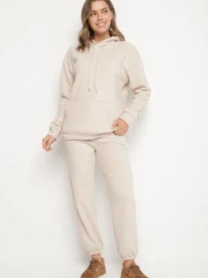 Beżowe Bawełniane Spodnie Dresowe ze Sznurkiem i Polarową Podszewką Saliavera defox