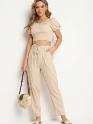 Beżowe Bawełniane Spodnie z Gumką w Talii i Prostymi Nogawkami Olalla rosa