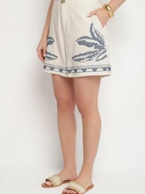 Beżowe Bawełniane Szorty z Wysokim Stanem Zdobione Haftem Filarassa rosa