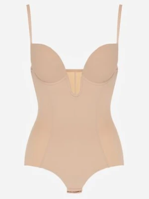 Beżowe Bieliźniane Body Modelujące z Wyciętym Dekoltem Theloria