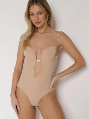 Beżowe Bieliźniane Body z Odkrytymi Plecami i Wyciętym Dekoltem Terise