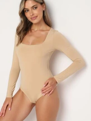 Beżowe Body z Długim Rękawem i Kwadratowym Dekoltem Teraza by swan