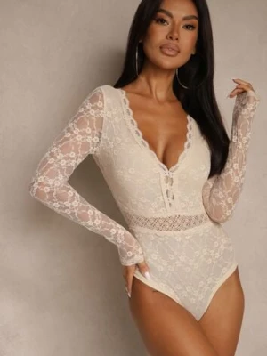 Beżowe Body z Koronkowego Materiału z Głębokim Dekoltem Mehika by swan