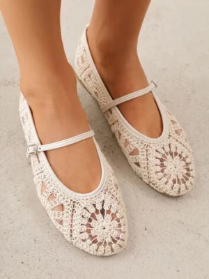 Beżowe Boho Balerinki VICES w Stylu Mary Jane z Ażurową Cholewką Lainia