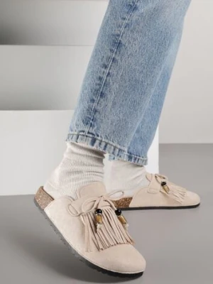 Beżowe Boho Klapki Mule z Imitacji Zamszu z Frędzlami i Koralikami Elwedila bestelle
