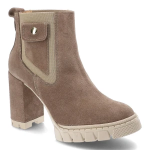 Beżowe Botki Damiss Eleganckie Skórzane Buty Na Obcasie