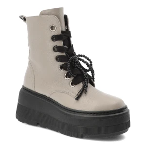 Beżowe Botki Karino Skórzane Obuwie Damskie Na Platformie