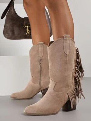 Beżowe Botki Kowbojki na Obcasie Zdobione Frędzlami Reisia bellucci