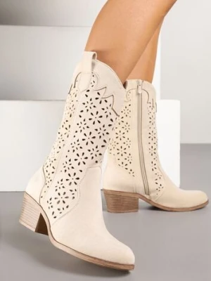 Beżowe Botki Kowbojki na Słupku z Ażurową Cholewką Ravsemi gogo gogo