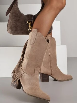 Beżowe Botki Kowbojki na Stożku z Frędzlami przy Cholewce Reinia bellucci