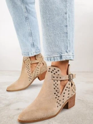 Beżowe Botki Kowbojki Vices na Obcasie Ozdobione Wycięciem i Metalicznymi Wstawkami Nelori