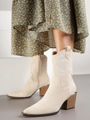 Zdjęcie produktu Beżowe Botki Kowbojki Vices na Stożkowym Obcasie z Haftem Talfedi