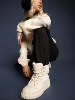 Beżowe Botki na Grubej Podeszwie z Futerkiem Nemda