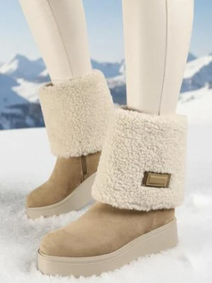 Beżowe Botki na Koturnie z Wywijaną Cholewką i Barankiem Irilaura