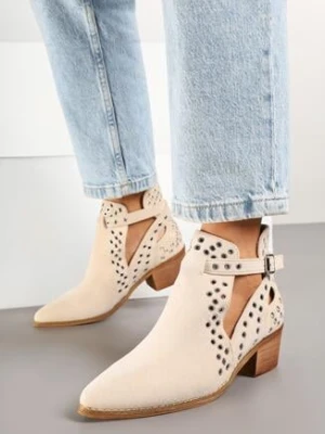 Beżowe Botki na Obcasie w Stylu Kowbojek z Wycięciem i Nitami Eleavira