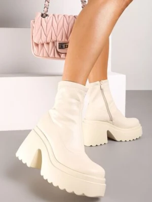 Beżowe Botki na Platformie i Słupku Wykończone Suwakiem i Dopasowaną Cholewką Saliefra