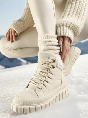 Beżowe Botki na Platformie z Futerkiem Dorcva