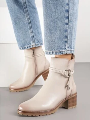 Beżowe Botki na Słupkowym Obcasie Zdobione Aplikacją Tulaviera potocki