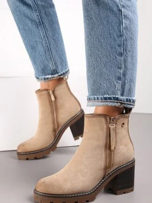 Beżowe Botki na Słupku Boho z Suwakiem Sirdre vices