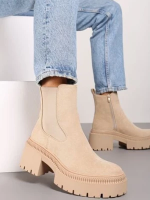 Beżowe Botki na Słupku i Platformie Sztyblety Grunge z Elastyczną Cholewką Lericea