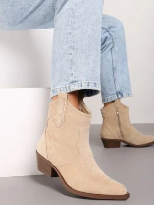 Beżowe Botki na Słupku w Stylu Kowbojek Zapinane na Suwak Evirene