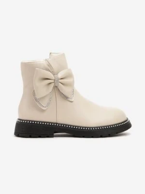Beżowe Botki Ozdobione Kokardami i Cyrkoniami Venorith