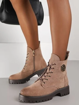 Beżowe Botki Potocki Workery z Geometryczną Ozdobą Firiselle