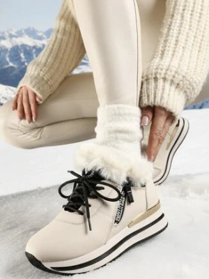 Beżowe Botki Sneakersy na Grubej Podeszwie z Futerkiem Biqilee vices