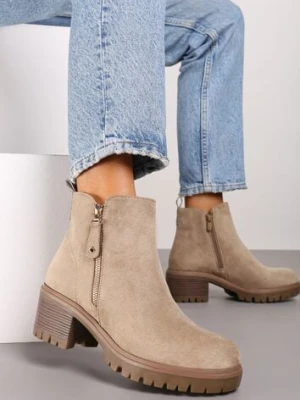 Beżowe Botki Sztyblety na Słupku Wykończone Ozdobnym Suwakiem Terillda vices