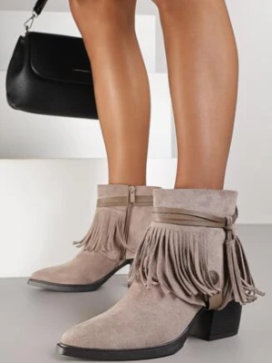 Beżowe Botki Typu Kowbojki na Stożkowym Obcasie z Frędzlami Omvila c'm paris