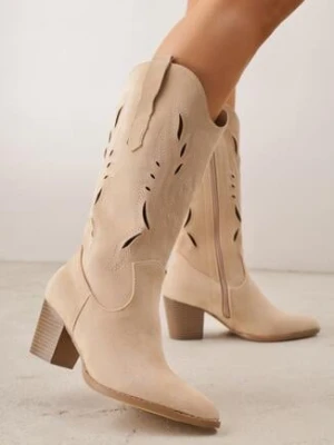 Beżowe Botki Typu Kowbojki VICES na Obcasie z Ażurową Cholewką Eranata