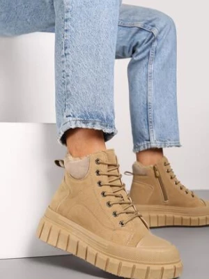 Beżowe Botki Vices na Grubej Tłoczonej Podeszwie ze Sznurowaniem i Ozdobnymi Przeszyciami Savethira