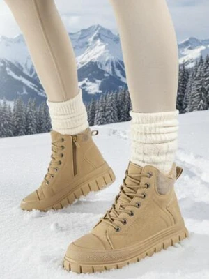 Beżowe Botki Vices na Grubej Tłoczonej Podeszwie ze Sznurowaniem i Ozdobnymi Przeszyciami Savethira