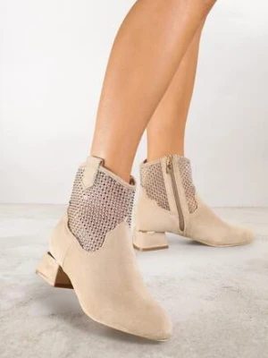 Beżowe Botki Vices na Obcasie z Siateczkową Cholewką Deonelle