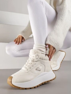Beżowe Sneakersy Śniegowce Vices na Platformie Ozdobione Trójkątną Aplikacją Ficebia