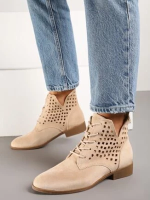 Beżowe Botki z Ażurową Cholewką i Wycięciem oraz Skórzaną Wkładką Elixa