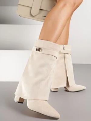 Beżowe Botki z Ekozamszu na Słupkowym Obcasie z Cholewką Imitującą Nogawkę Emmidre givana