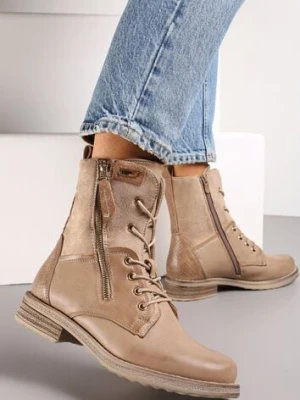 Beżowe Botki z Ozdobnym Suwakiem i Sznurowaniem Sanara