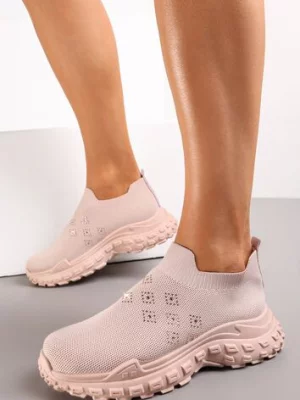 Beżowe Buty Sportowe na Grubej Podeszwie z Elastyczną Cholewką z Cyrkoniami Kolby