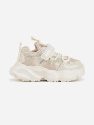 Beżowe Buty Sportowe na Grubej Podeszwie z Siateczką Gwiazdkami i Zapięciem na Rzep Petilacia clibee