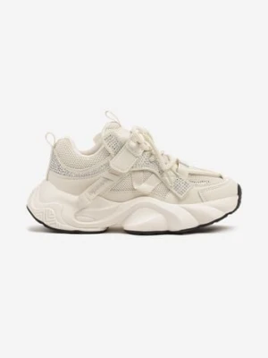 Beżowe Buty Sportowe Sneakersy na Platformie z Tłoczeniem i Napisem Olriti