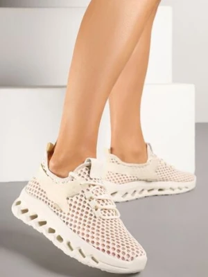 Beżowe Buty Sportowe Sneakersy Siateczkowe na Tłoczonej Platformie Lurilia